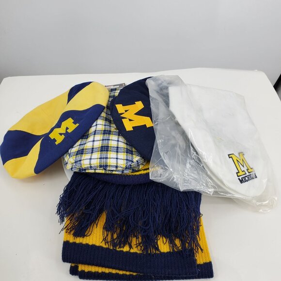 Vintage Michigan Wolverines Plaid Driving Caps and Winter Scarf Hat Bundle - Picture 1 of 16
